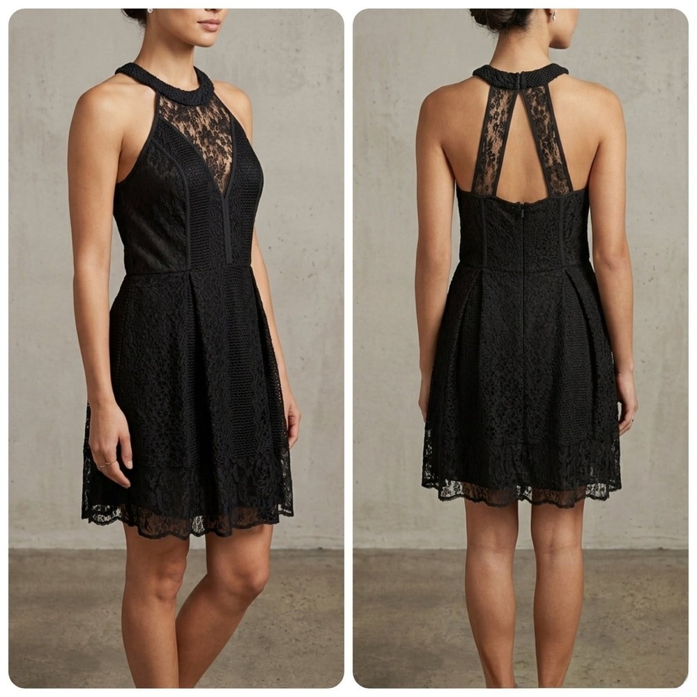 BCBGeneration Black Lace Mini Dress Halter Fit and Flare Size 4 Dark Romantic